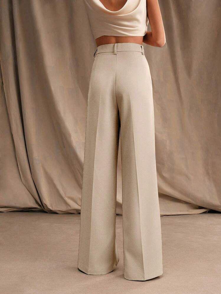 Bej Yüksek Bel Wide Leg Palazzo Pantolon