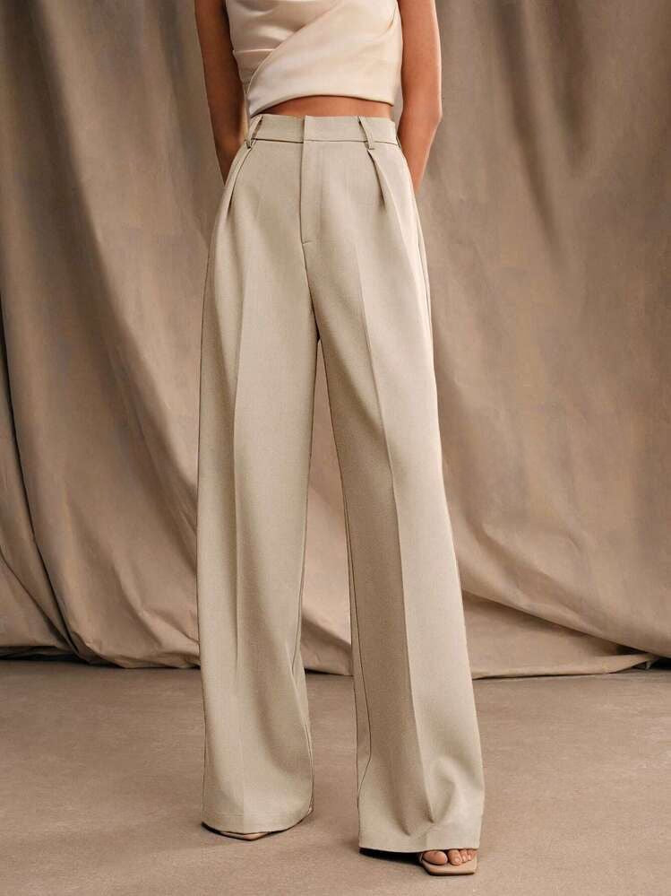 Bej Yüksek Bel Wide Leg Palazzo Pantolon