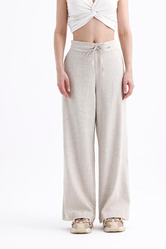 Açık Krem %100 Organik Keten Yüksek Bel Pantolon