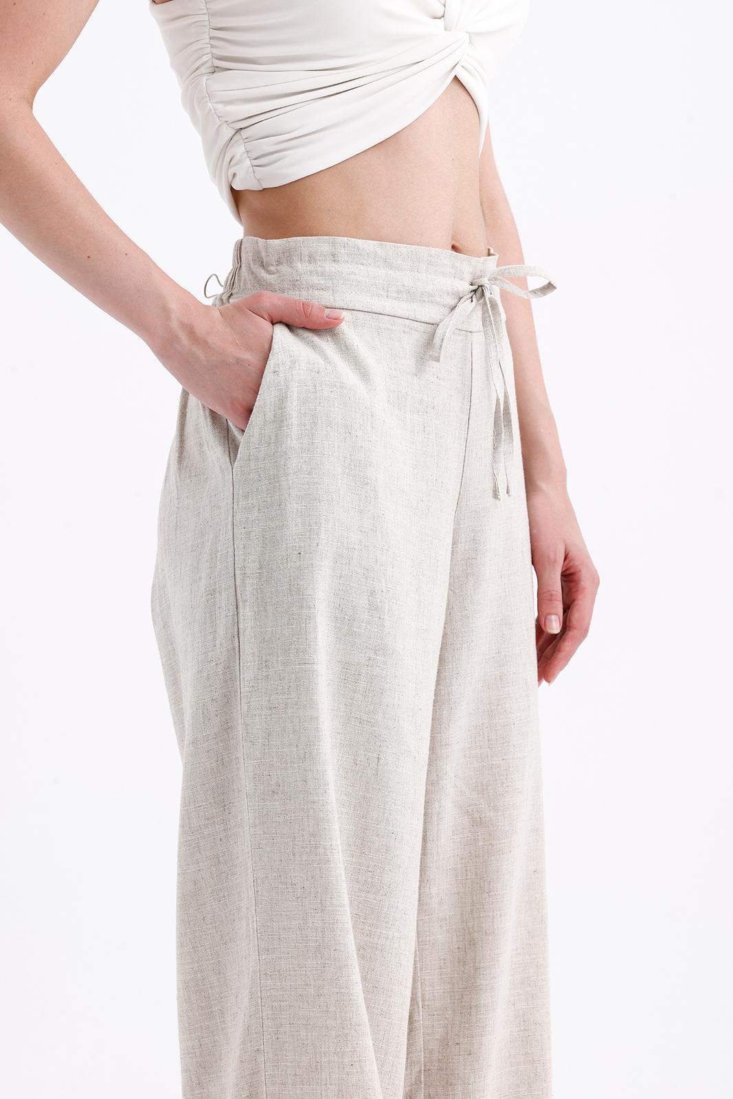 Açık Krem %100 Organik Keten Yüksek Bel Pantolon