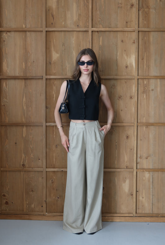 Light Bej %100 Organik Keten Yüksek Bel Pantolon