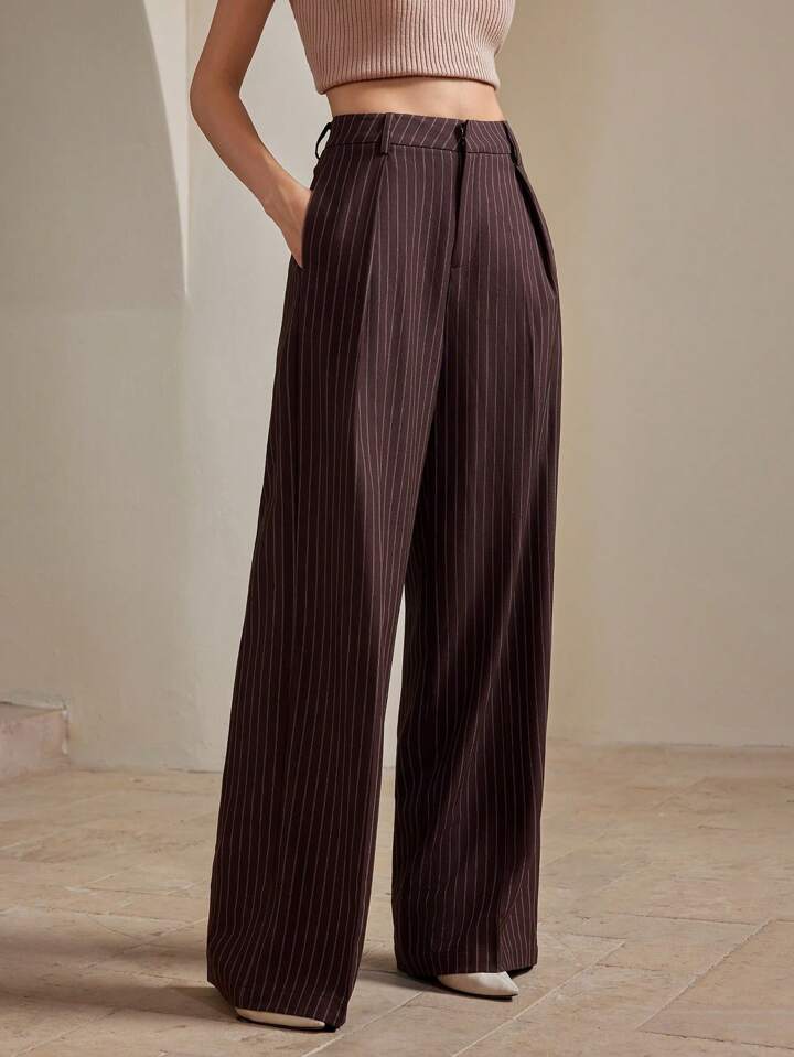 Çizgili Kahve Premium Kumaş Yüksek Bel Bol Kesim Palazzo Pantolon