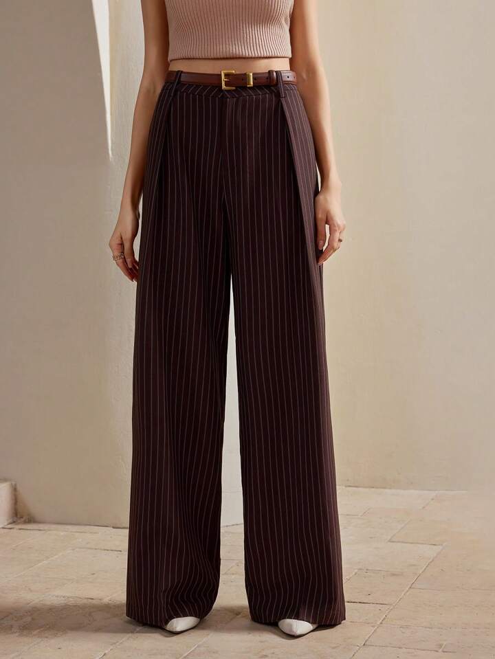 Çizgili Kahve Premium Kumaş Yüksek Bel Bol Kesim Palazzo Pantolon
