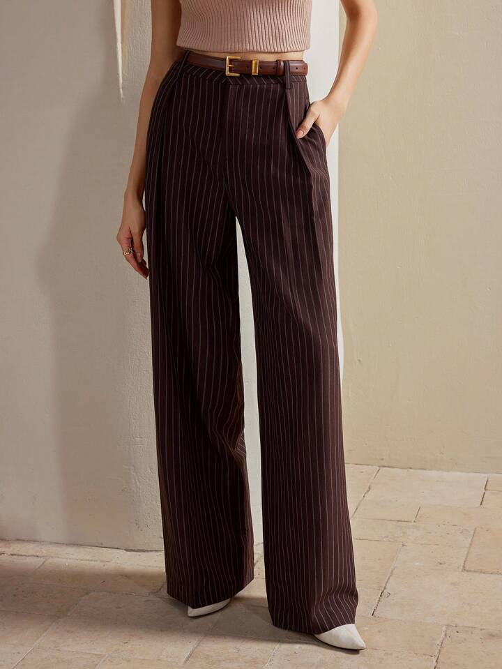 Çizgili Kahve Premium Kumaş Yüksek Bel Bol Kesim Palazzo Pantolon