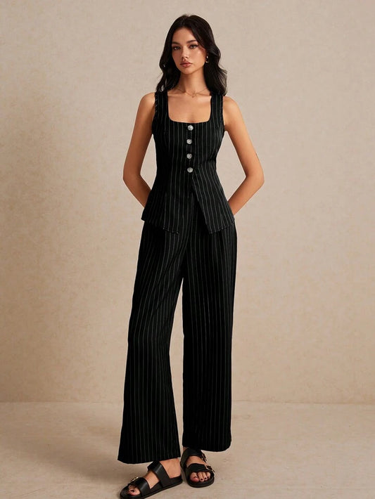 Siyah Çizgili Premium Kumaş Yelek-Pantolon Takım