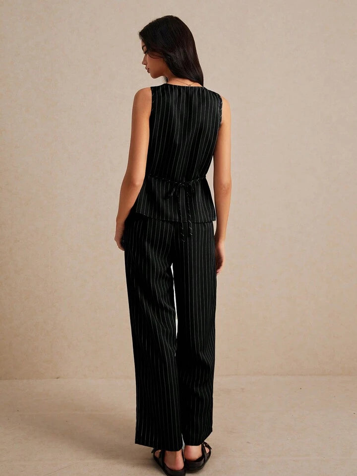 Siyah Çizgili Premium Kumaş Yelek-Pantolon Takım