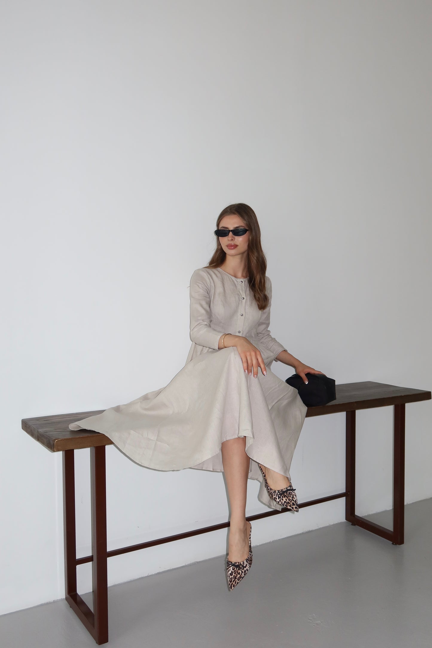 Açık Bej Retro %100 Organik Keten Elbise