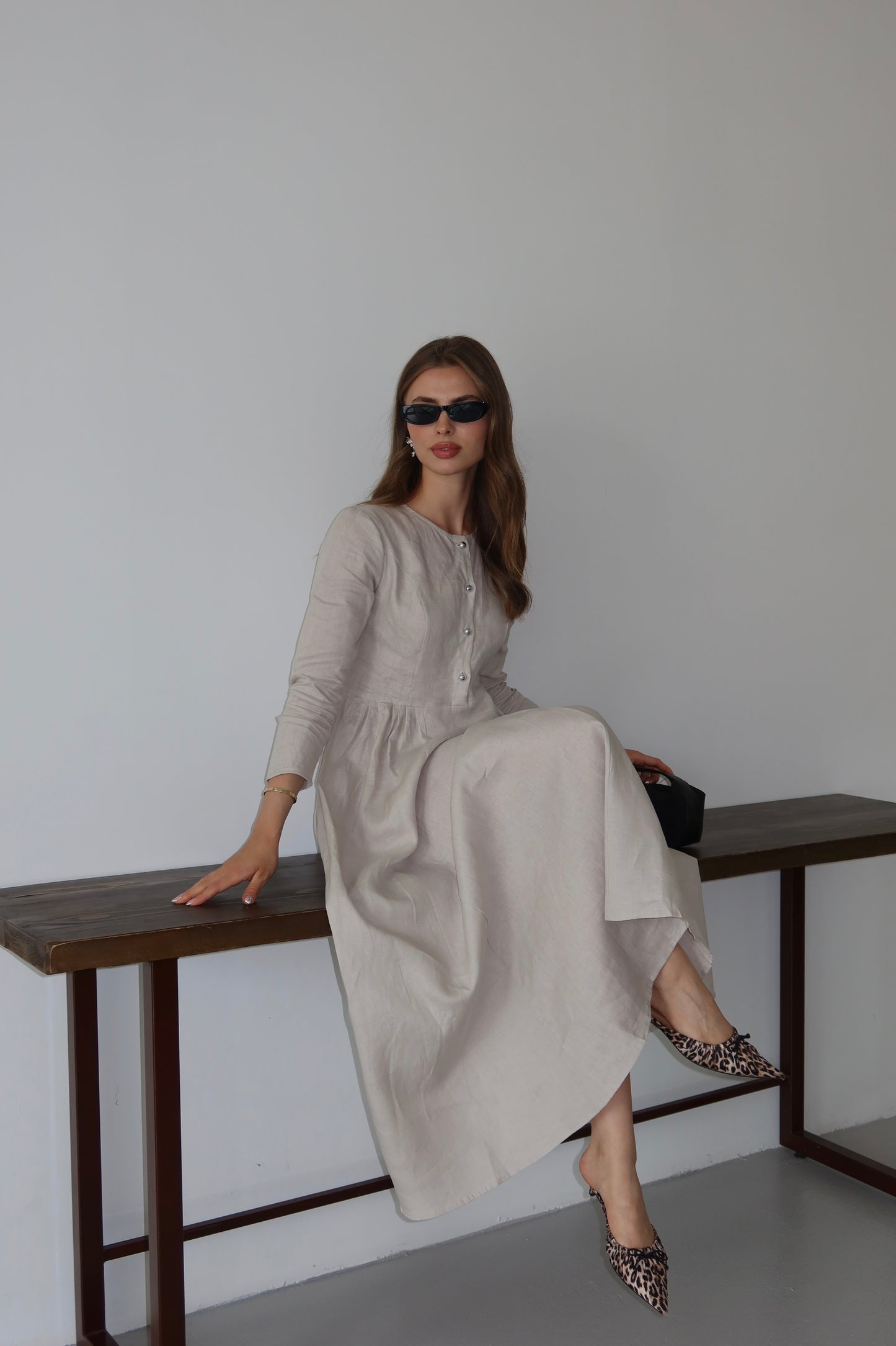 Açık Bej Retro %100 Organik Keten Elbise