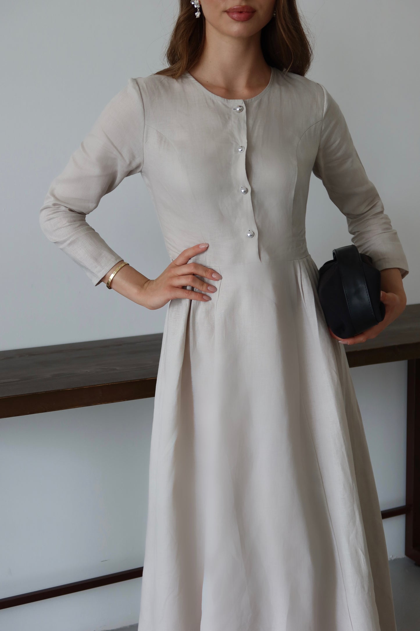 Açık Bej Retro %100 Organik Keten Elbise