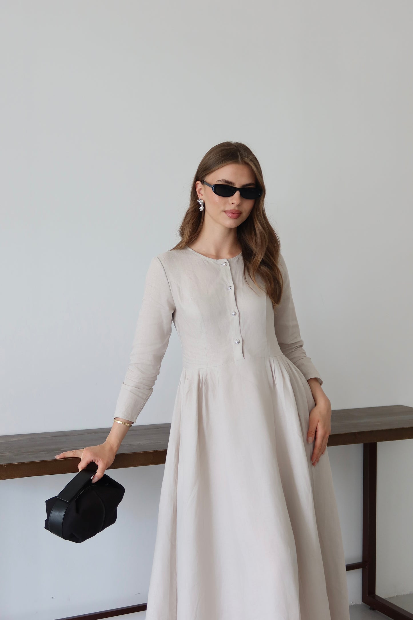 Açık Bej Retro %100 Organik Keten Elbise