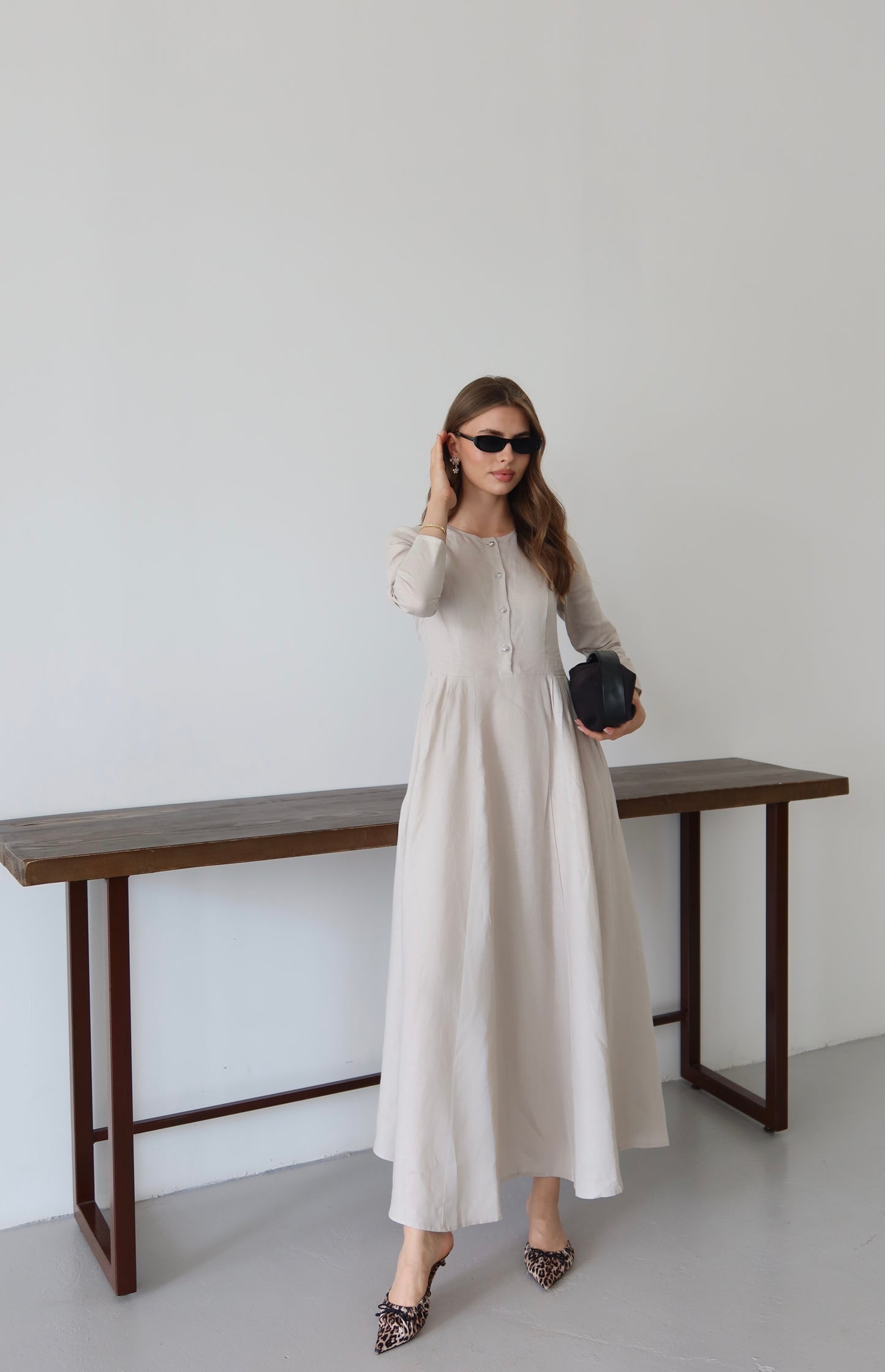 Açık Bej Retro %100 Organik Keten Elbise