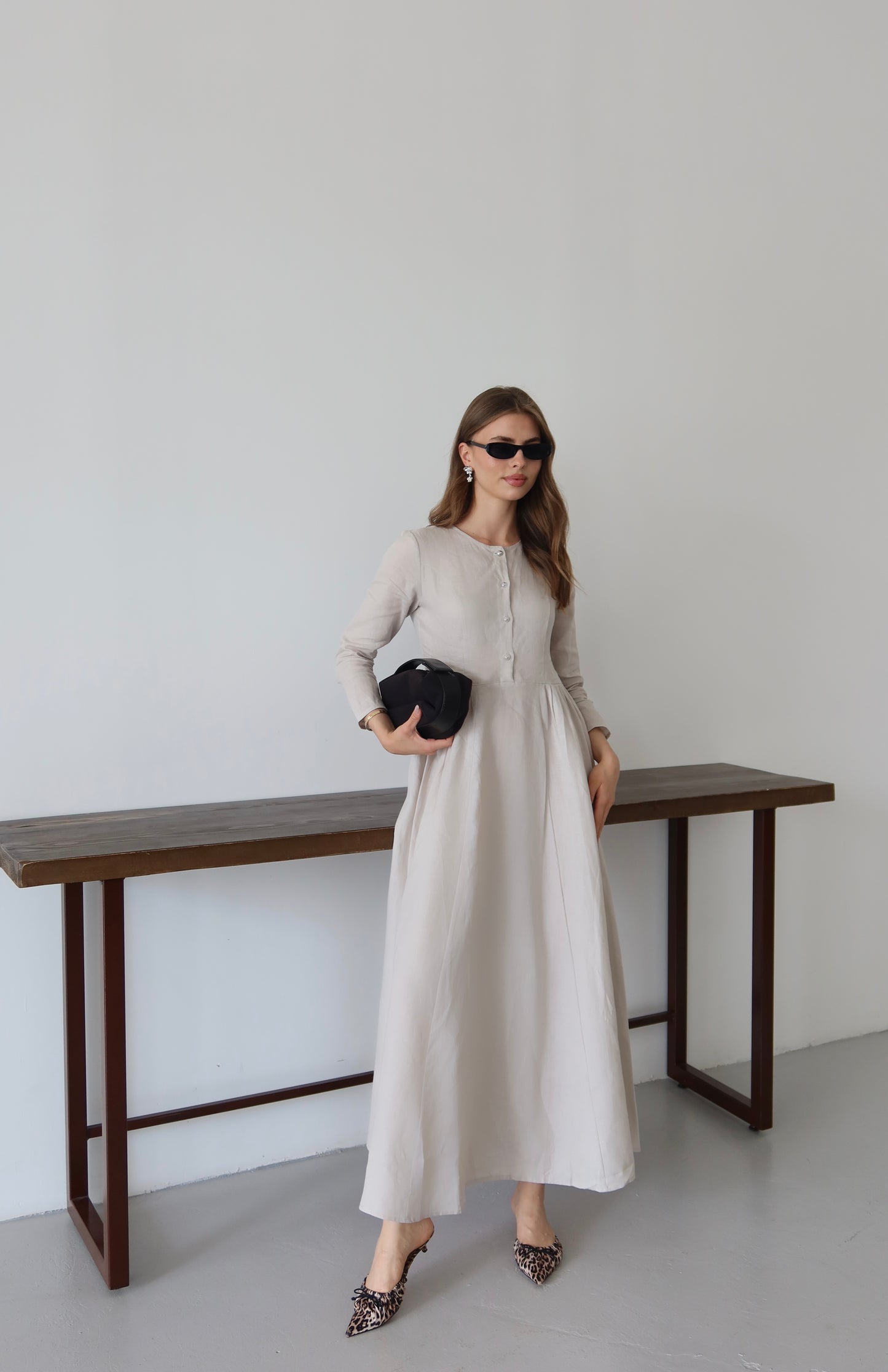 Açık Bej Retro %100 Organik Keten Elbise