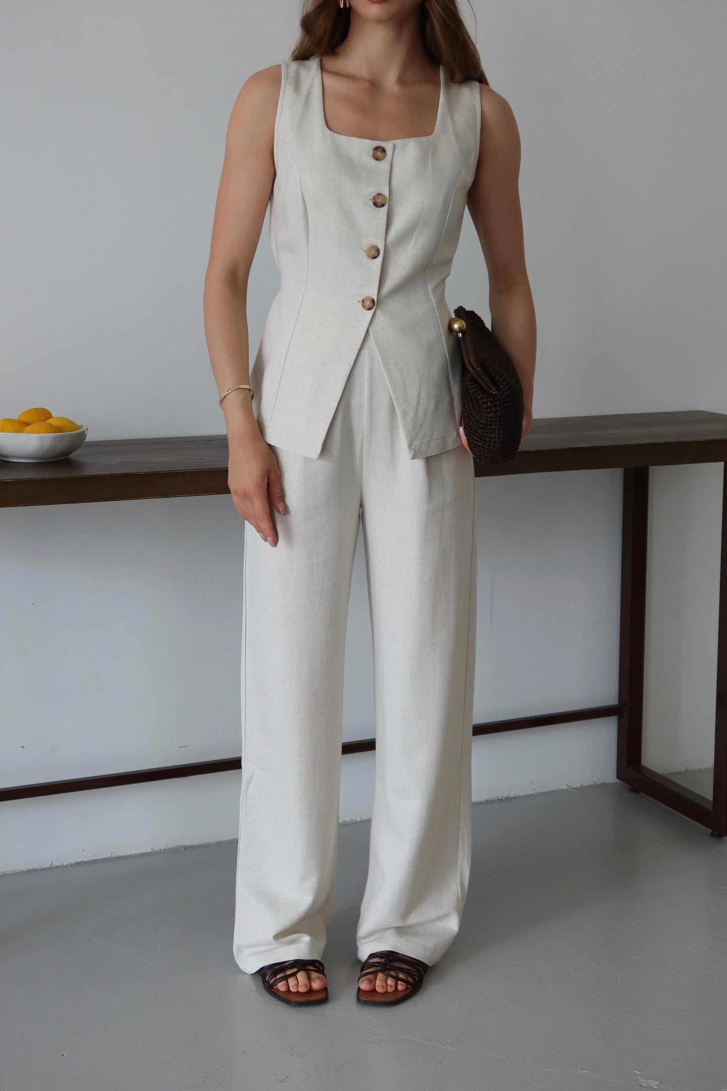 Bej Keten %100 Organik Keten Premium Yelek-Pantolon Takım