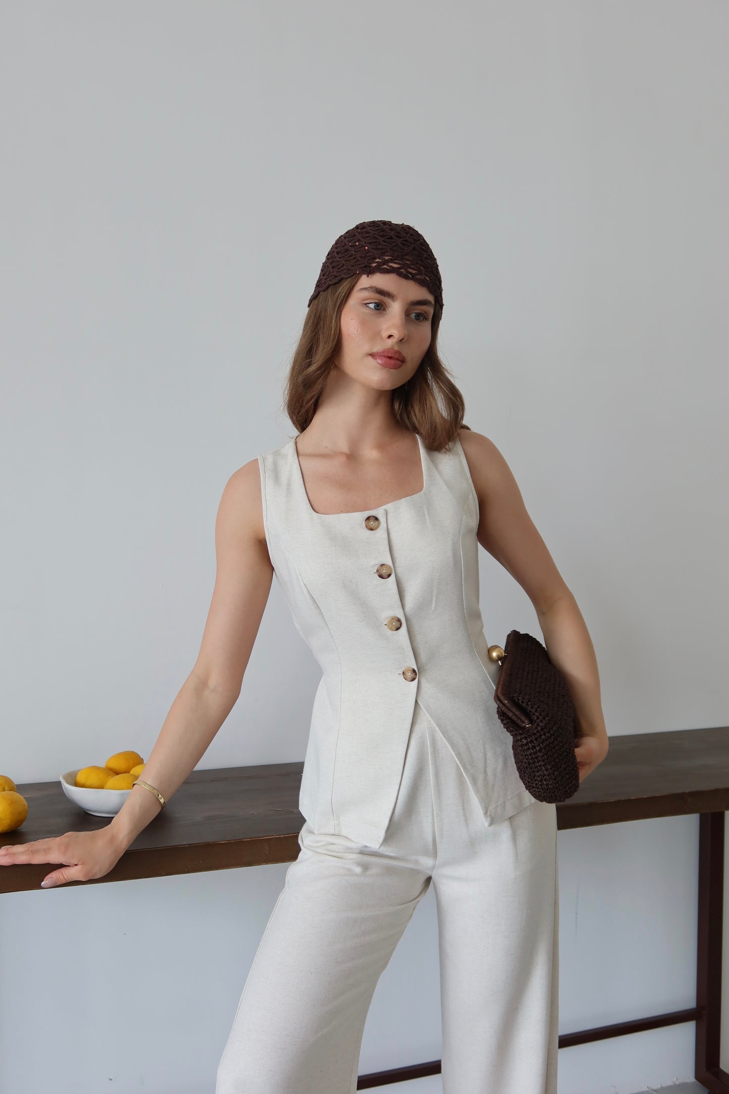 Bej Keten %100 Organik Keten Premium Yelek-Pantolon Takım