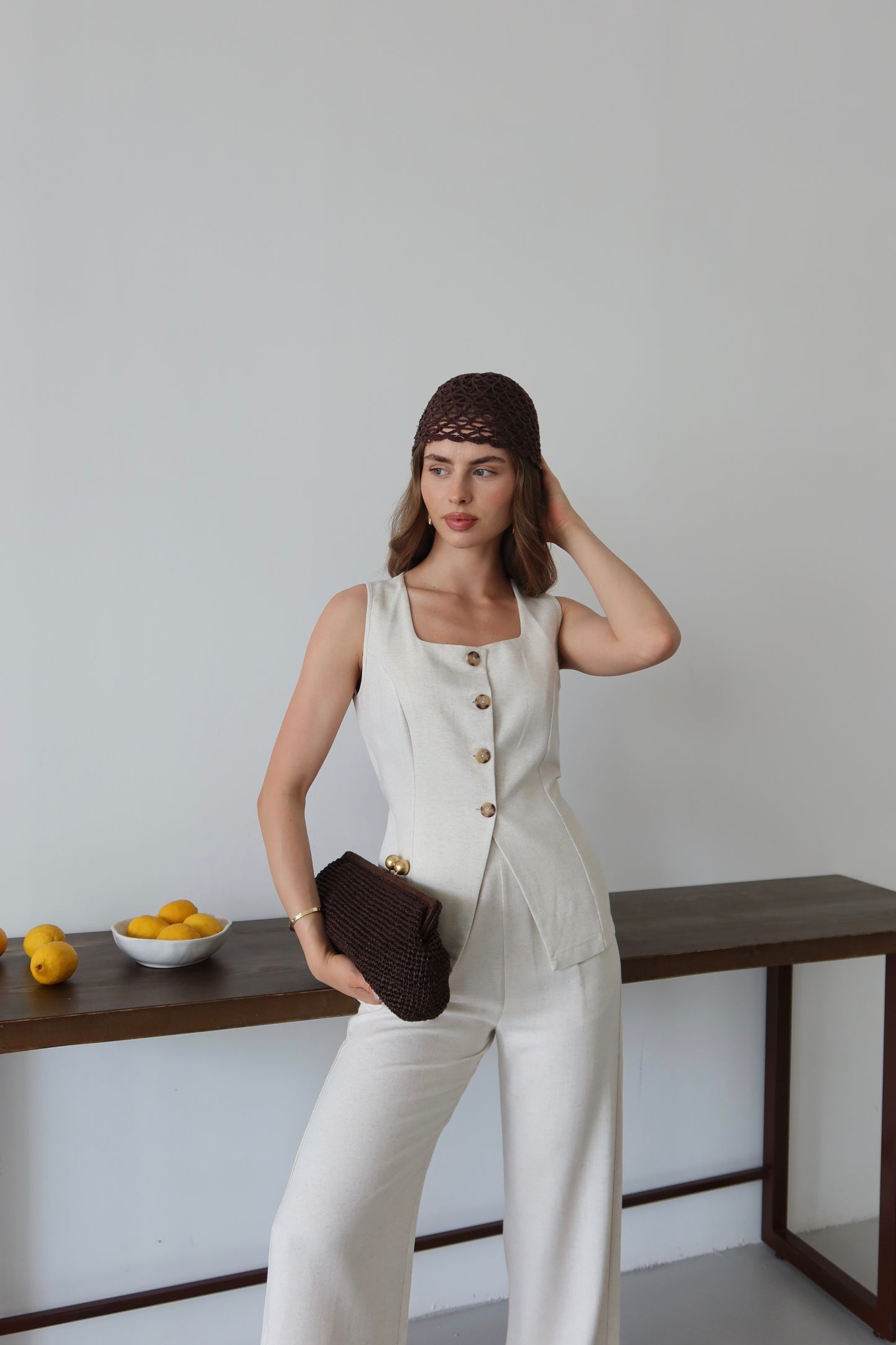 Bej Keten %100 Organik Keten Premium Yelek-Pantolon Takım