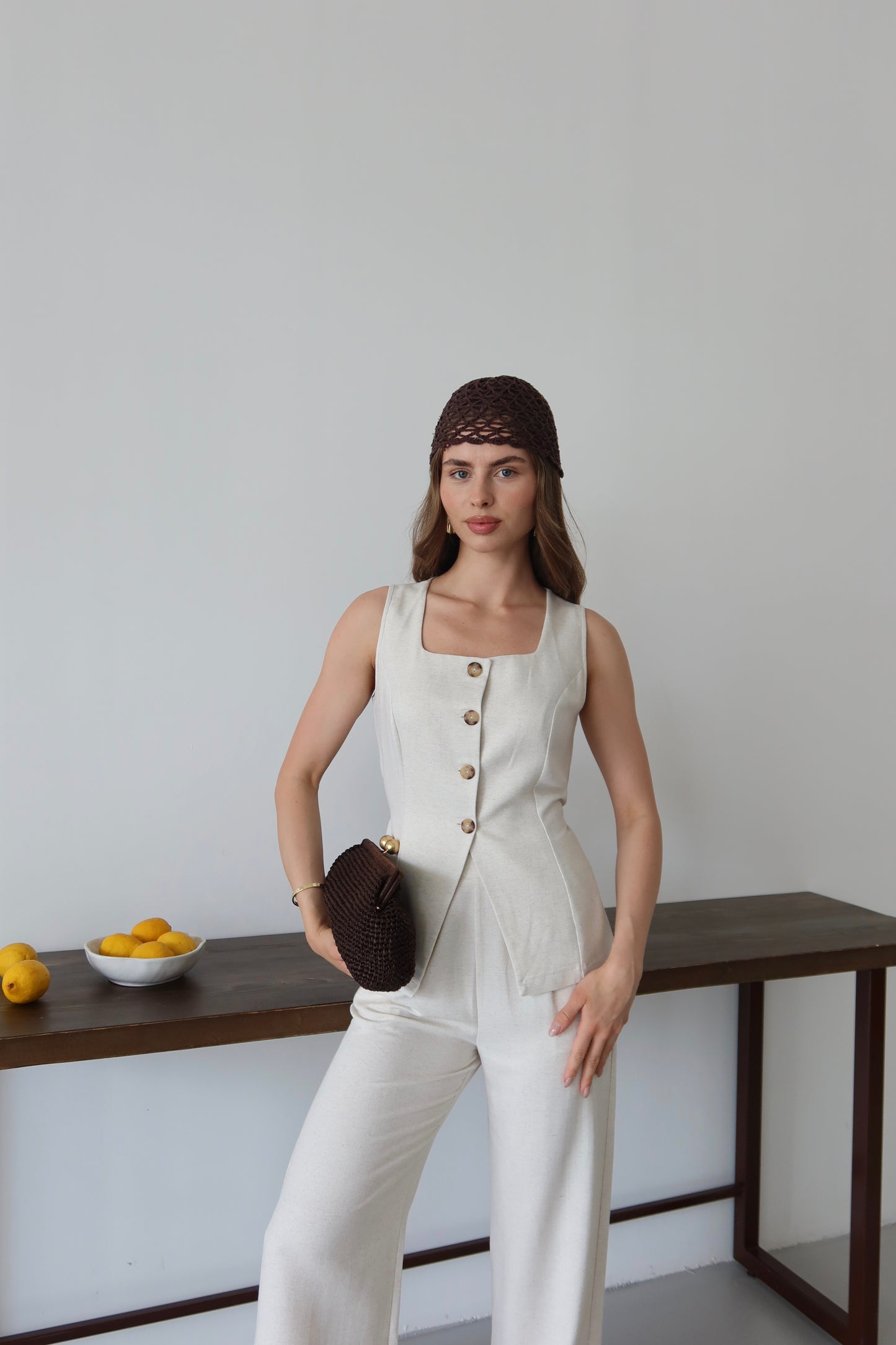 Bej Keten %100 Organik Keten Premium Yelek-Pantolon Takım