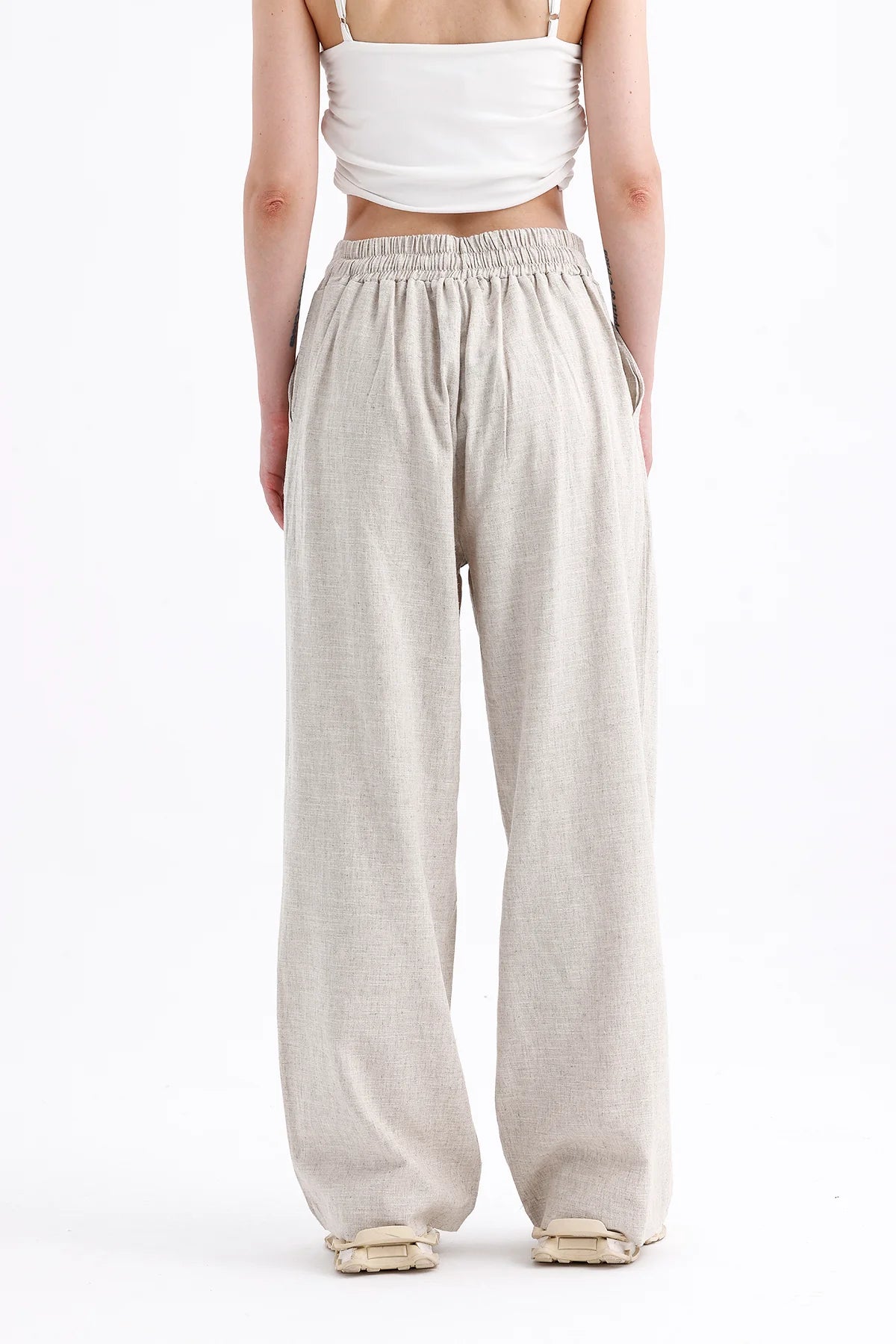 Açık Krem %100 Organik Keten Yüksek Bel Pantolon