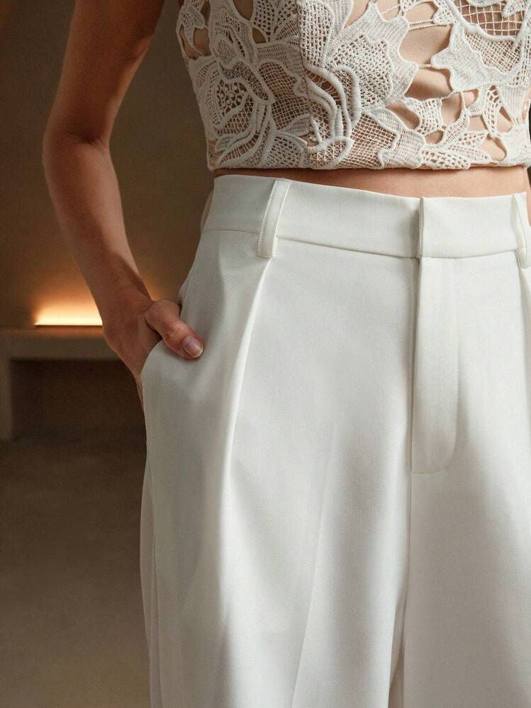 Beyaz Yüksek Bel Bol Kesim  Wide Leg Palazzo Pantolon