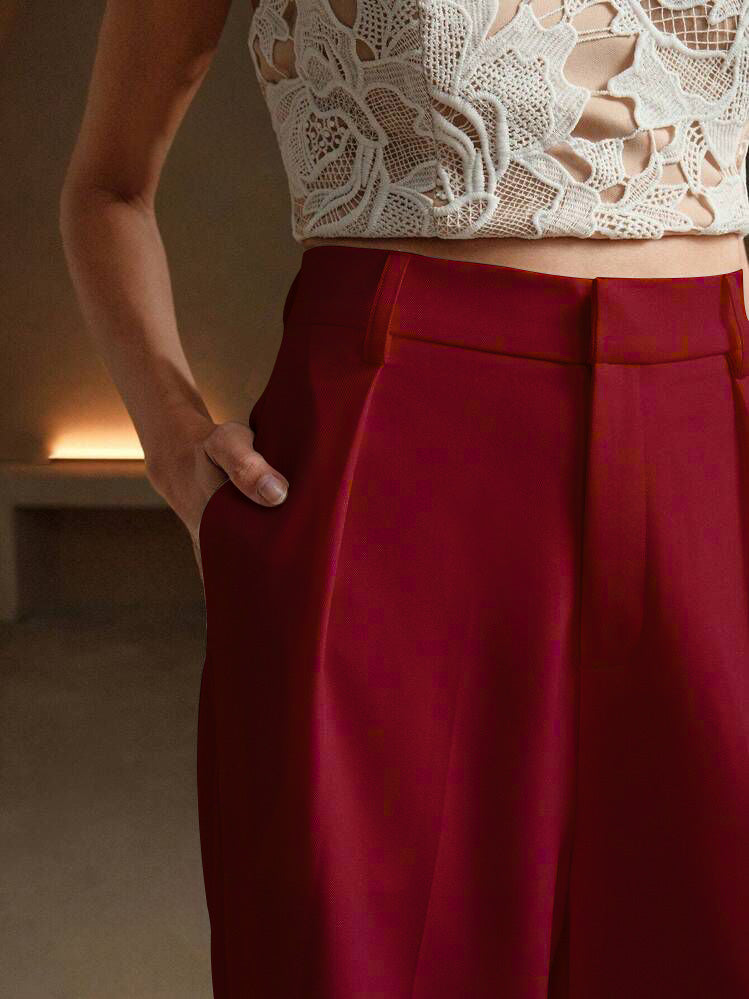 Bordo Yüksek Bel Wide Leg Palazzo Pantolon