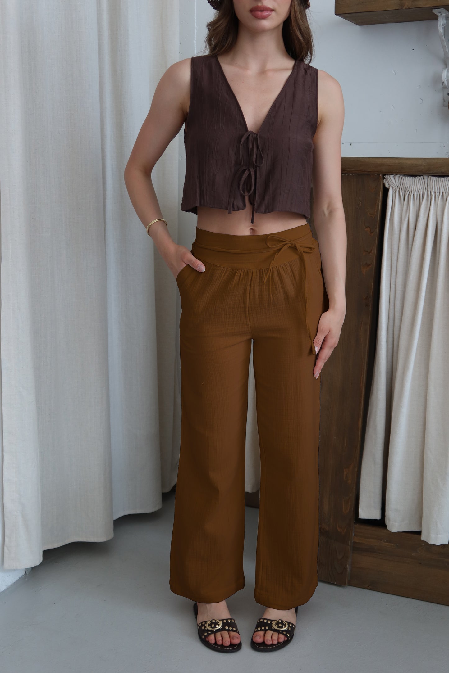 Kahve %100 Organik Pamuk Müslin Pantolon