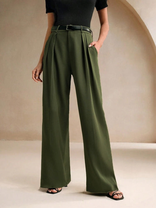 Haki Premium Kumaş Yüksek Bel Bol Kesim Palazzo Pantolon