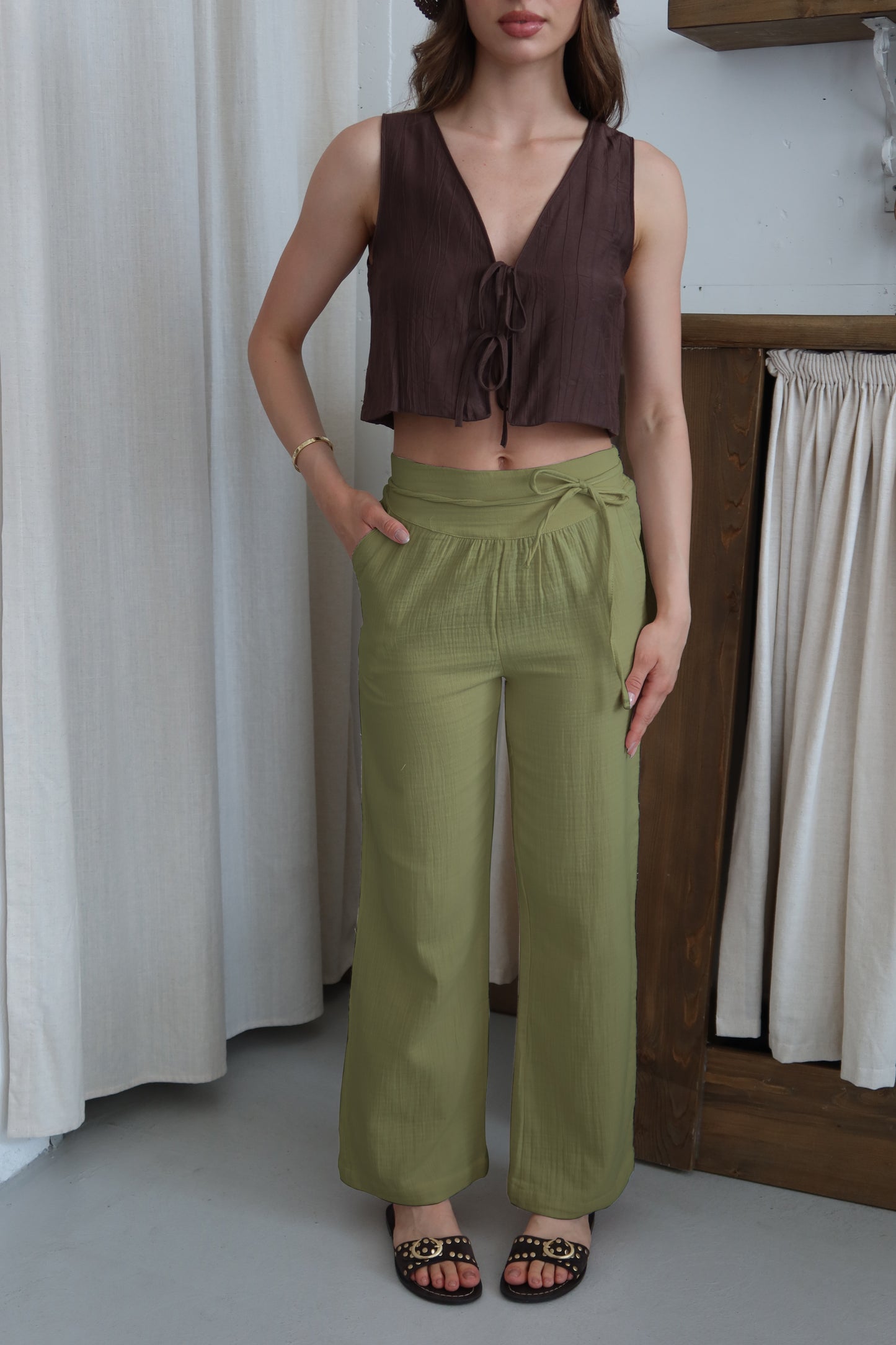 Çağla Yeşil %100 Organik Pamuk Müslin Pantolon