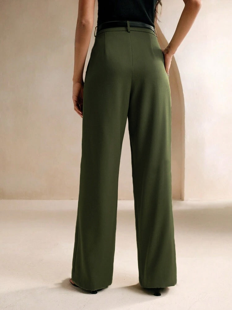 Haki Premium Kumaş Yüksek Bel Bol Kesim Palazzo Pantolon