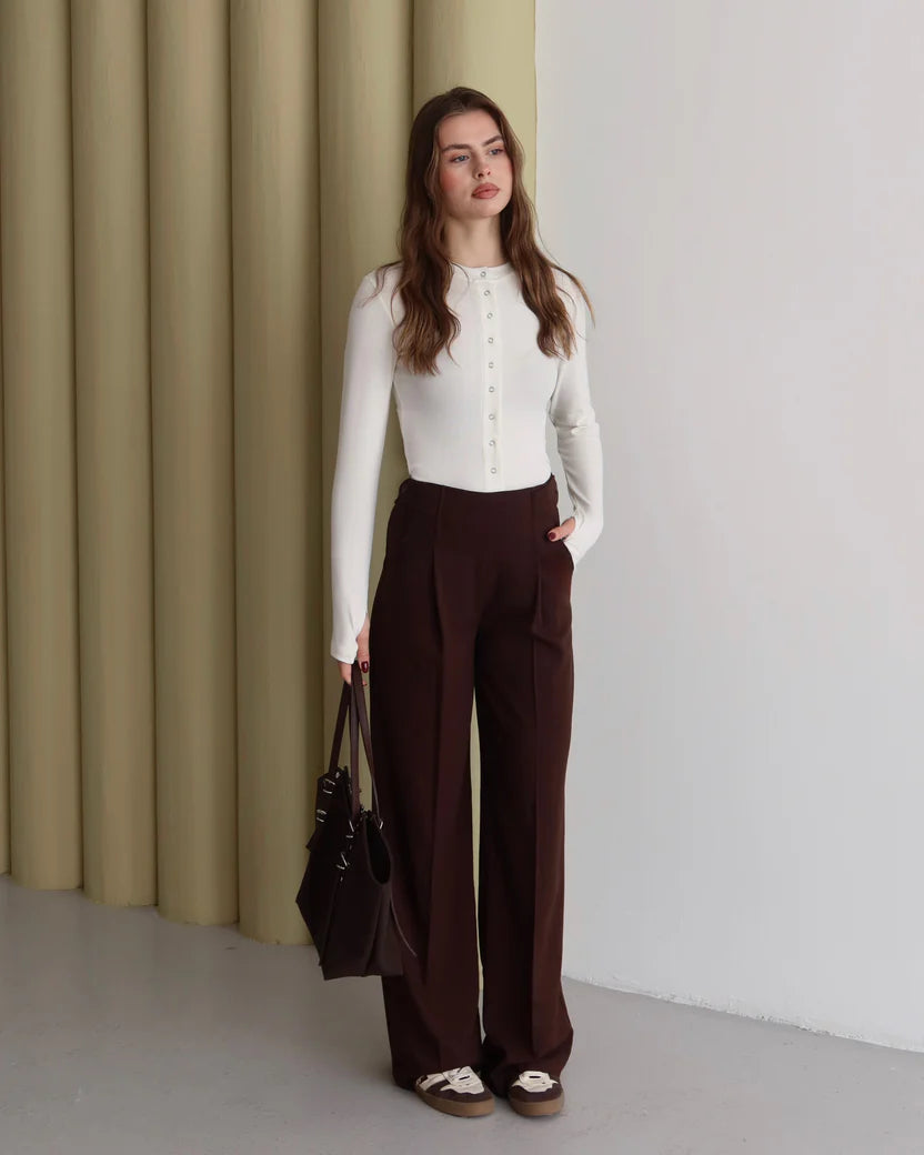 Latte Premium Kumaş Düğme Detaylı Yüksek Bel Palazzo Pantolon