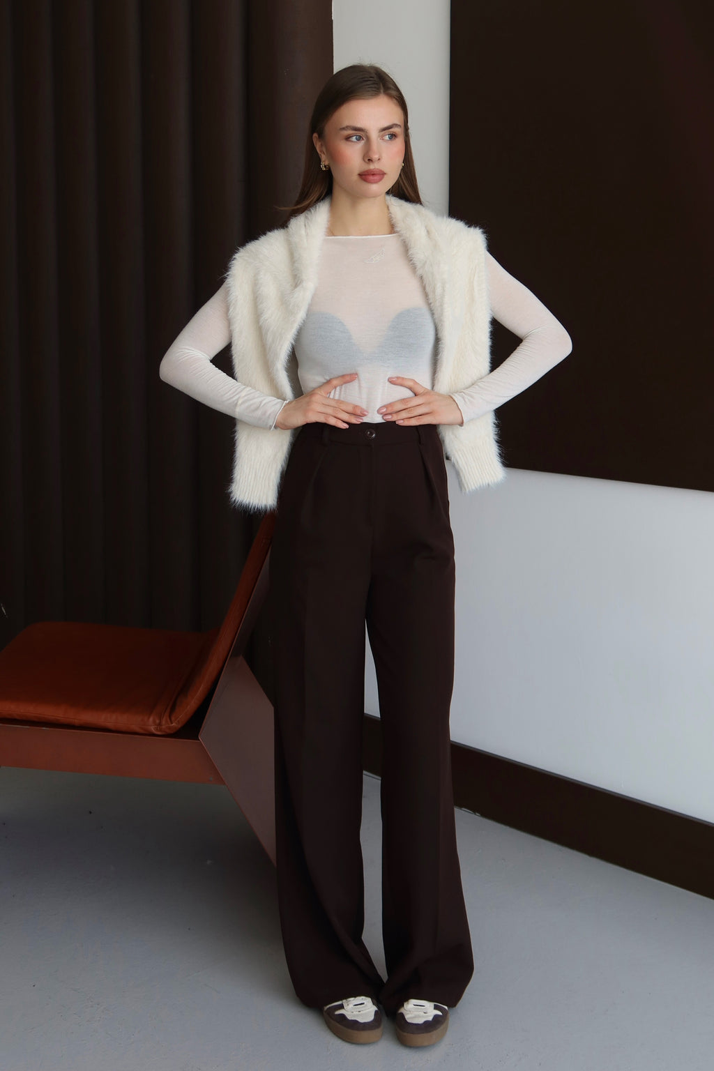 Kahve Yüksek Bel Bol Kesim Premium Palazzo Pantolon