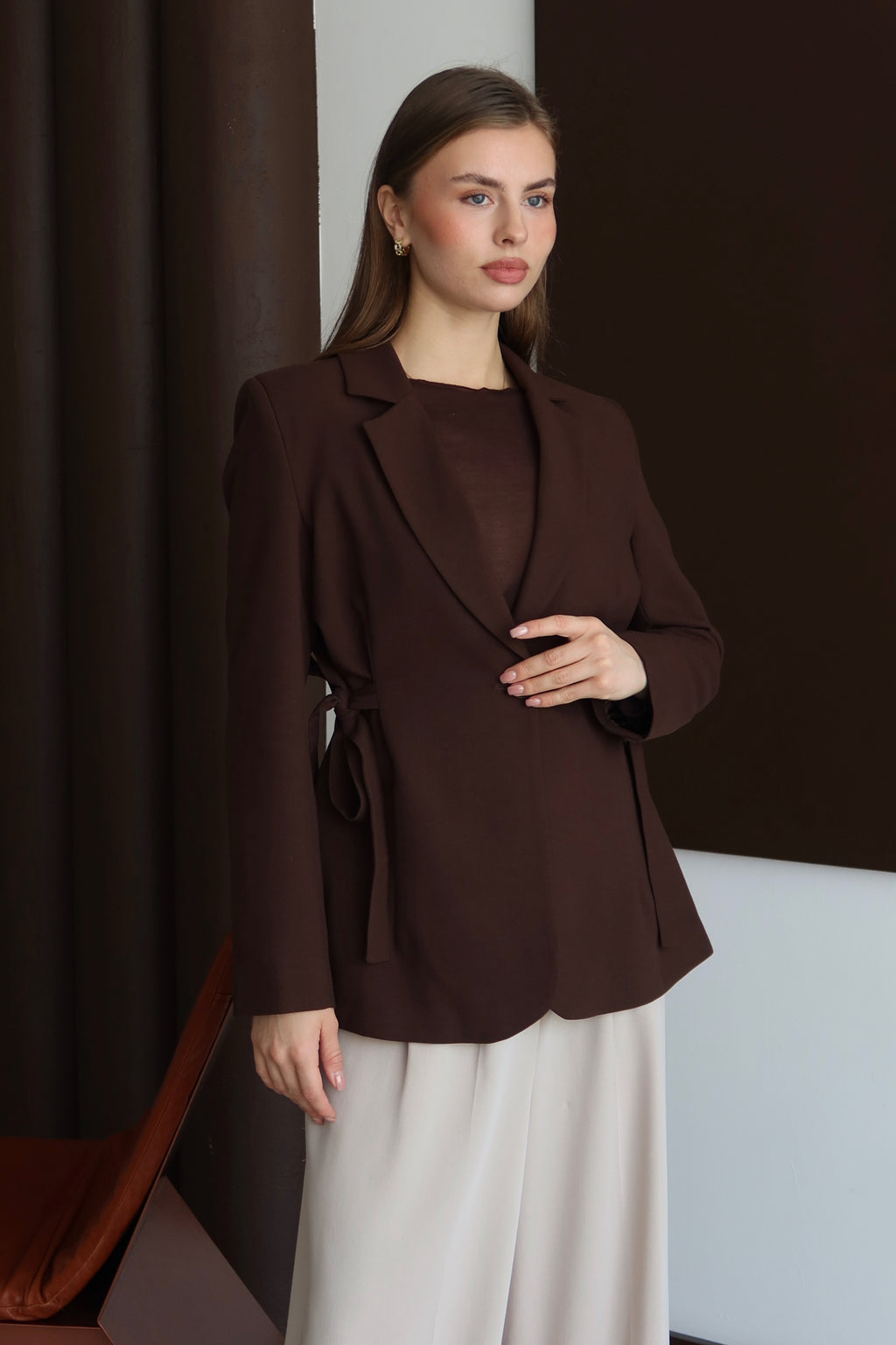 Kahve Kurdele Detaylı Premium Kumaş Blazer Ceket