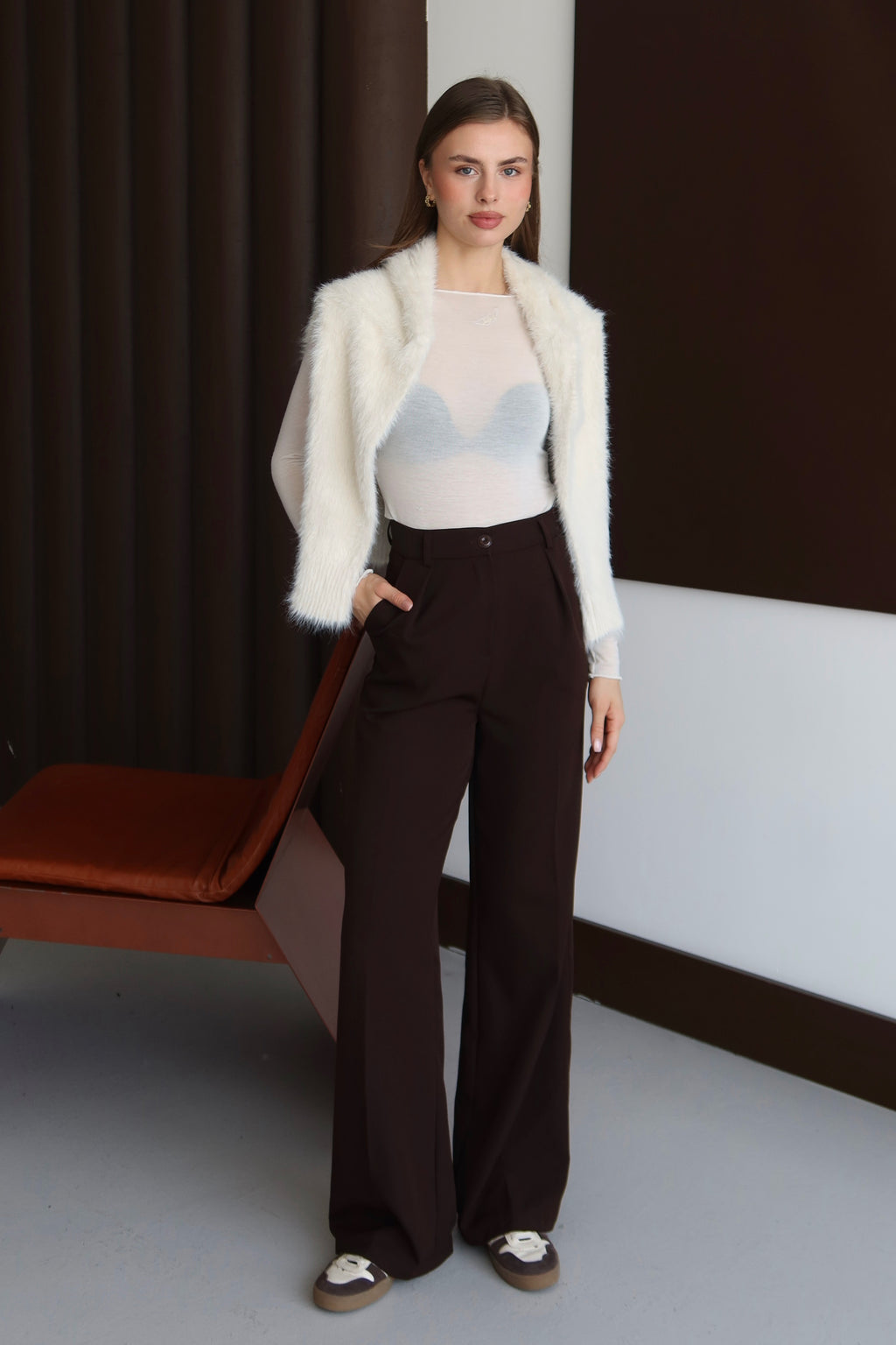 Kahve Yüksek Bel Bol Kesim Premium Palazzo Pantolon