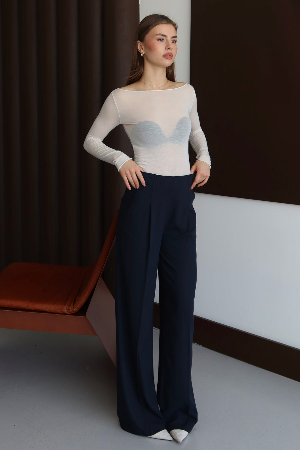 Lacivert Premium Kumaş Düğme Detaylı Yüksek Bel Palazzo Pantolon