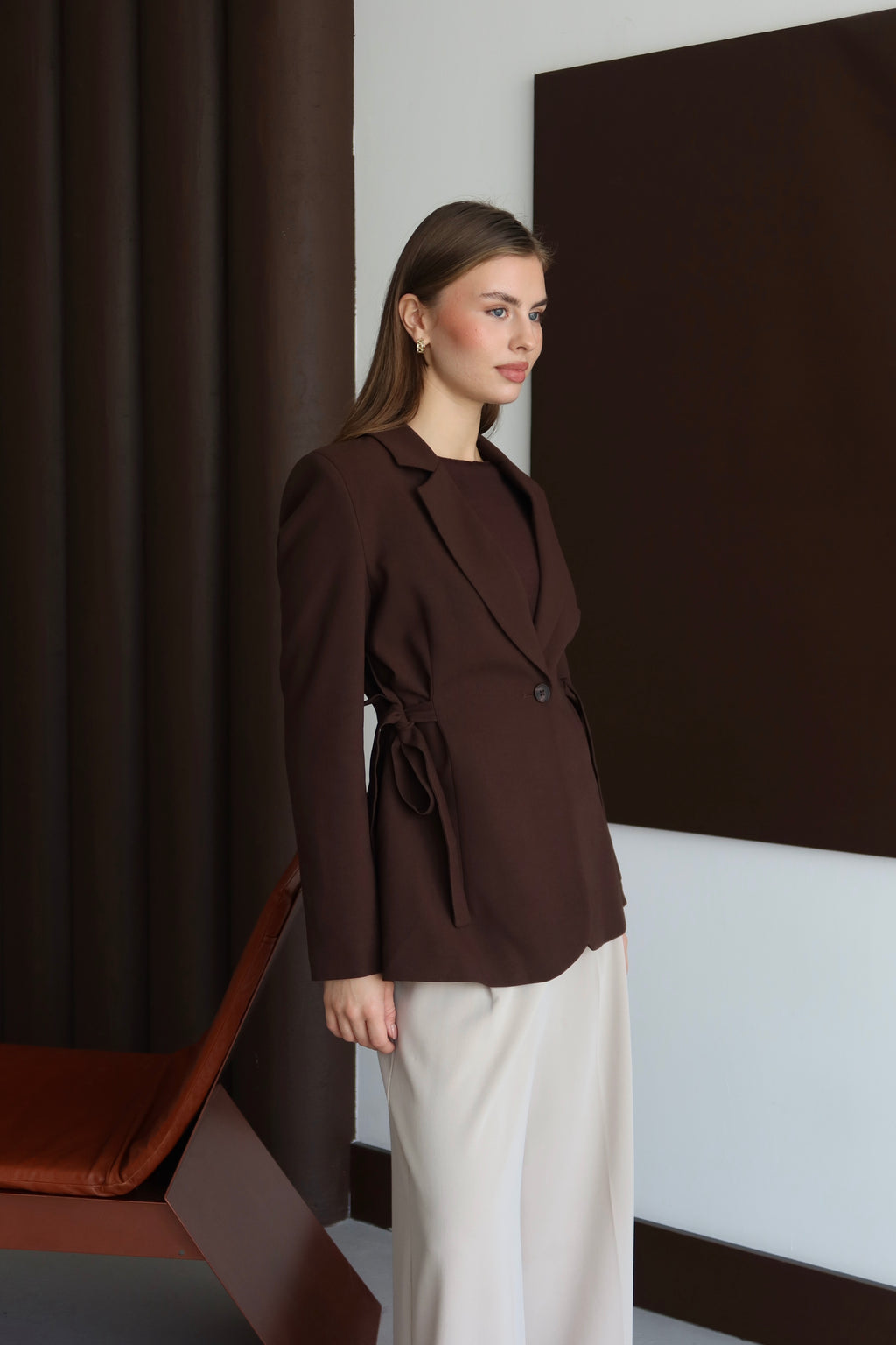 Kahve Kurdele Detaylı Premium Kumaş Blazer Ceket