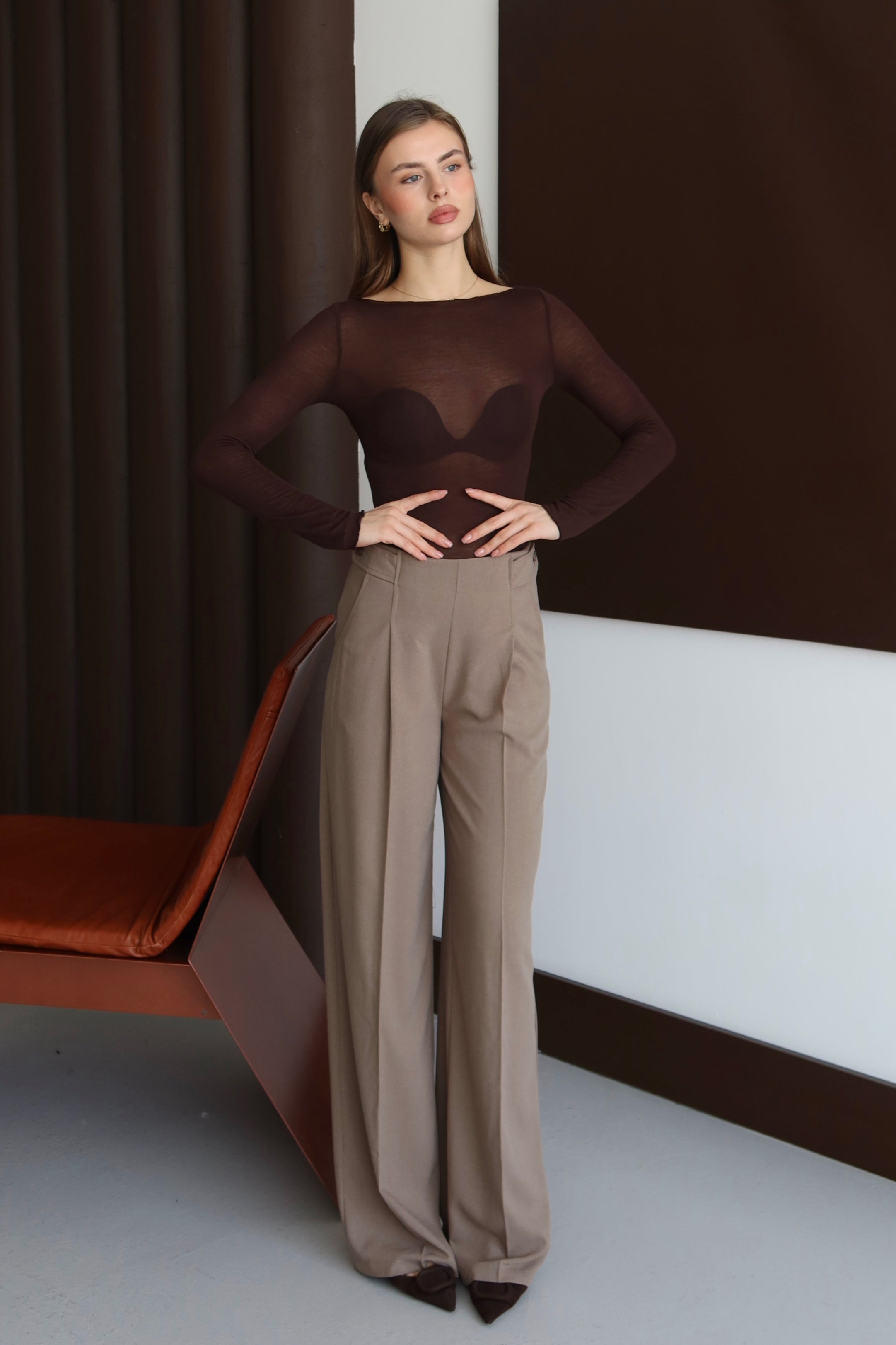 Latte Premium Kumaş Düğme Detaylı Yüksek Bel Palazzo Pantolon