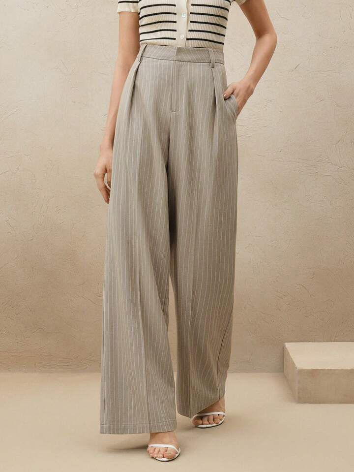 Çizgili Bej Premium Kumaş Yüksek Bel Bol Kesim Palazzo Pantolon