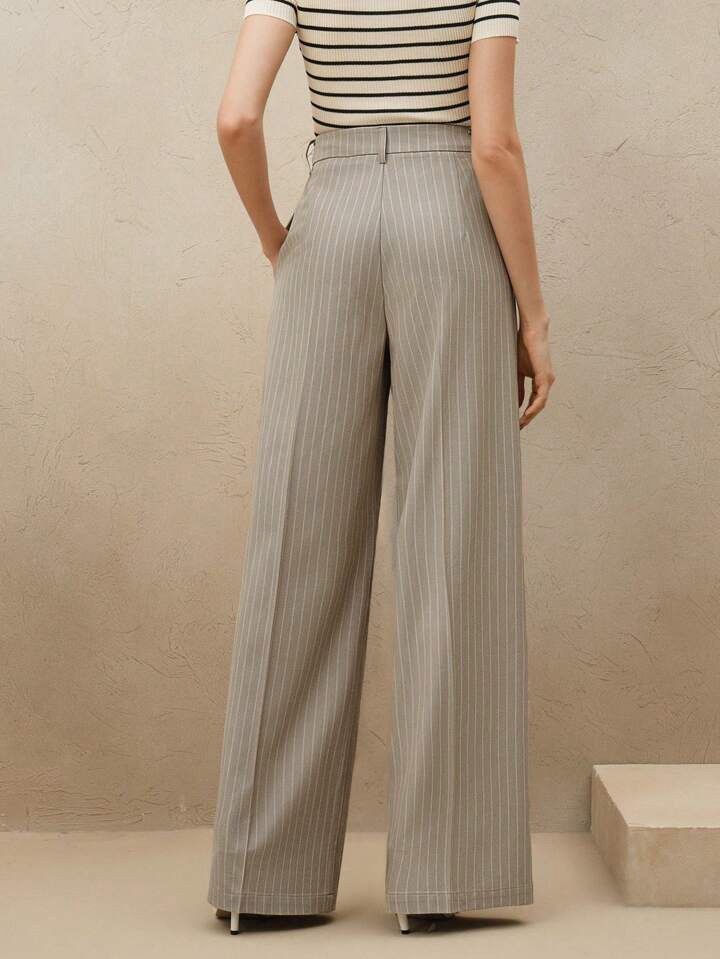 Çizgili Bej Premium Kumaş Yüksek Bel Bol Kesim Palazzo Pantolon