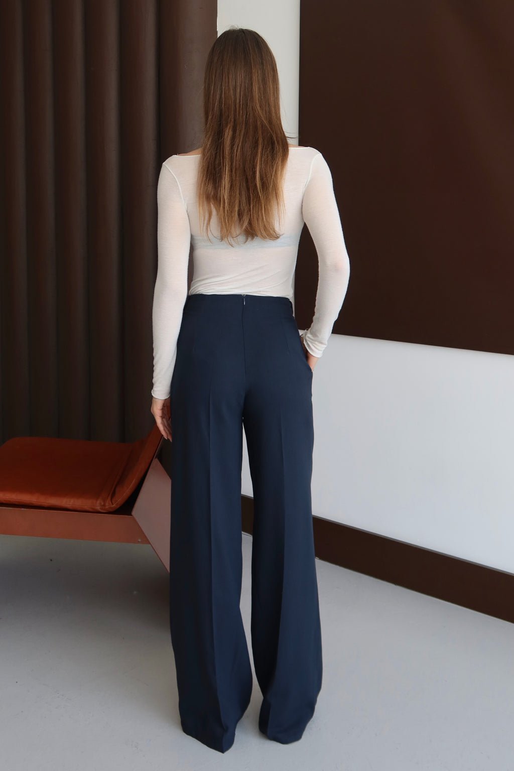 Lacivert Premium Kumaş Düğme Detaylı Yüksek Bel Palazzo Pantolon