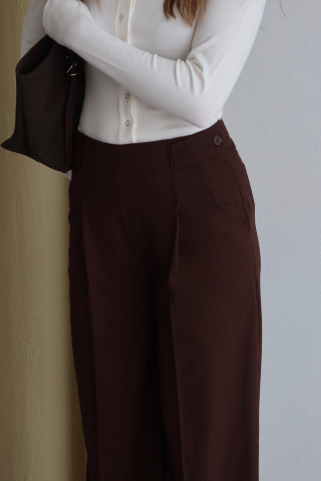 Kahve Premium Kumaş Düğme Detaylı Yüksek Bel Palazzo Pantolon