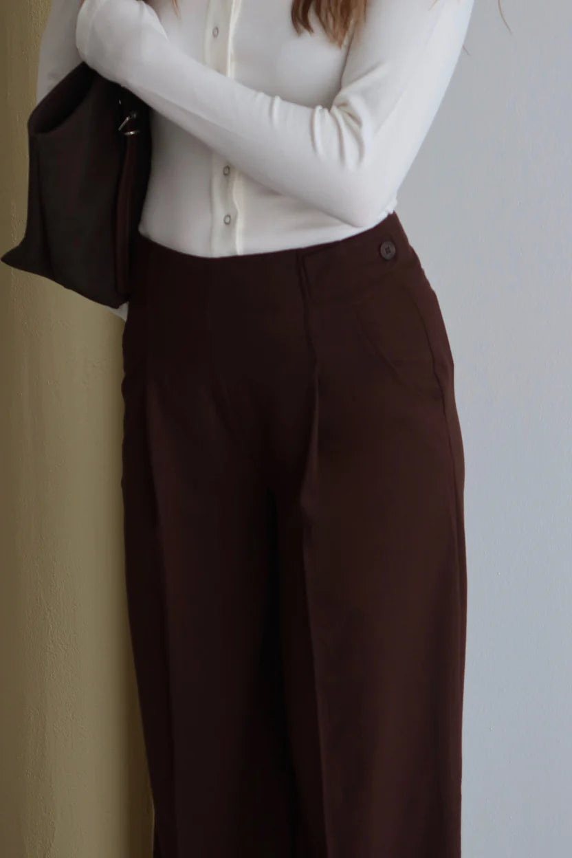 Latte Premium Kumaş Düğme Detaylı Yüksek Bel Palazzo Pantolon