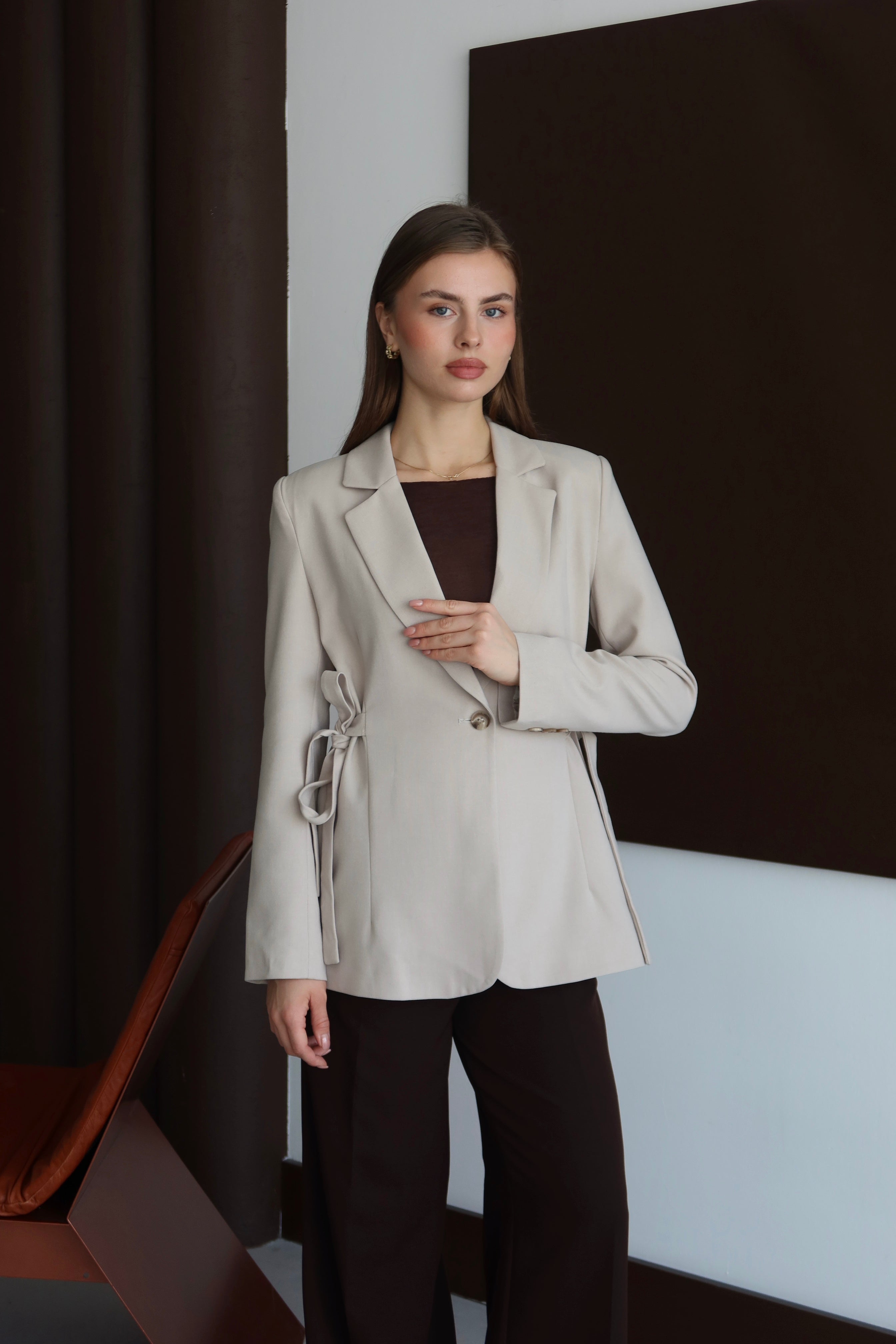 Bej Kurdele Detaylı Premium Kumaş Blazer Ceket