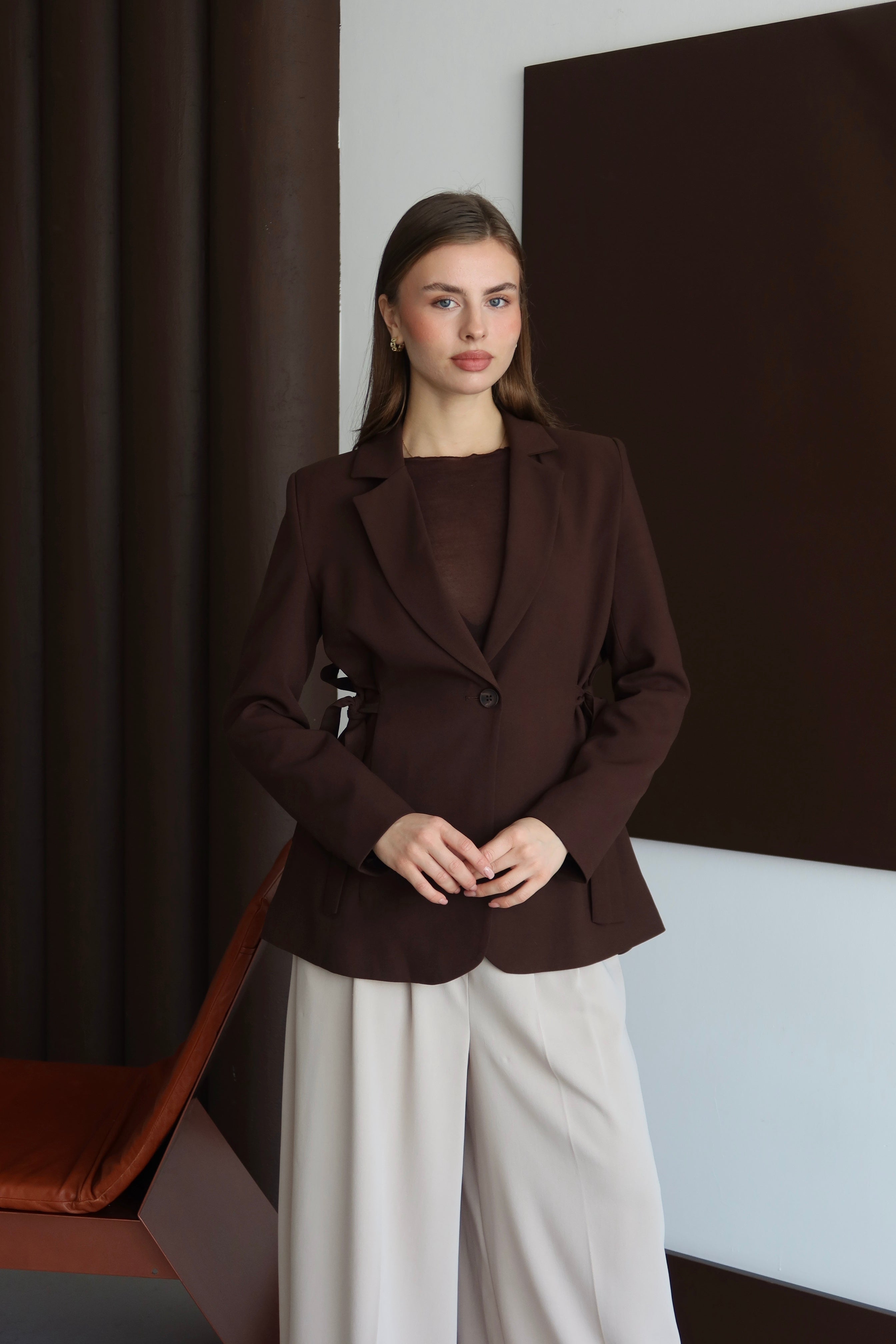 Kahve Kurdele Detaylı Premium Kumaş Blazer Ceket