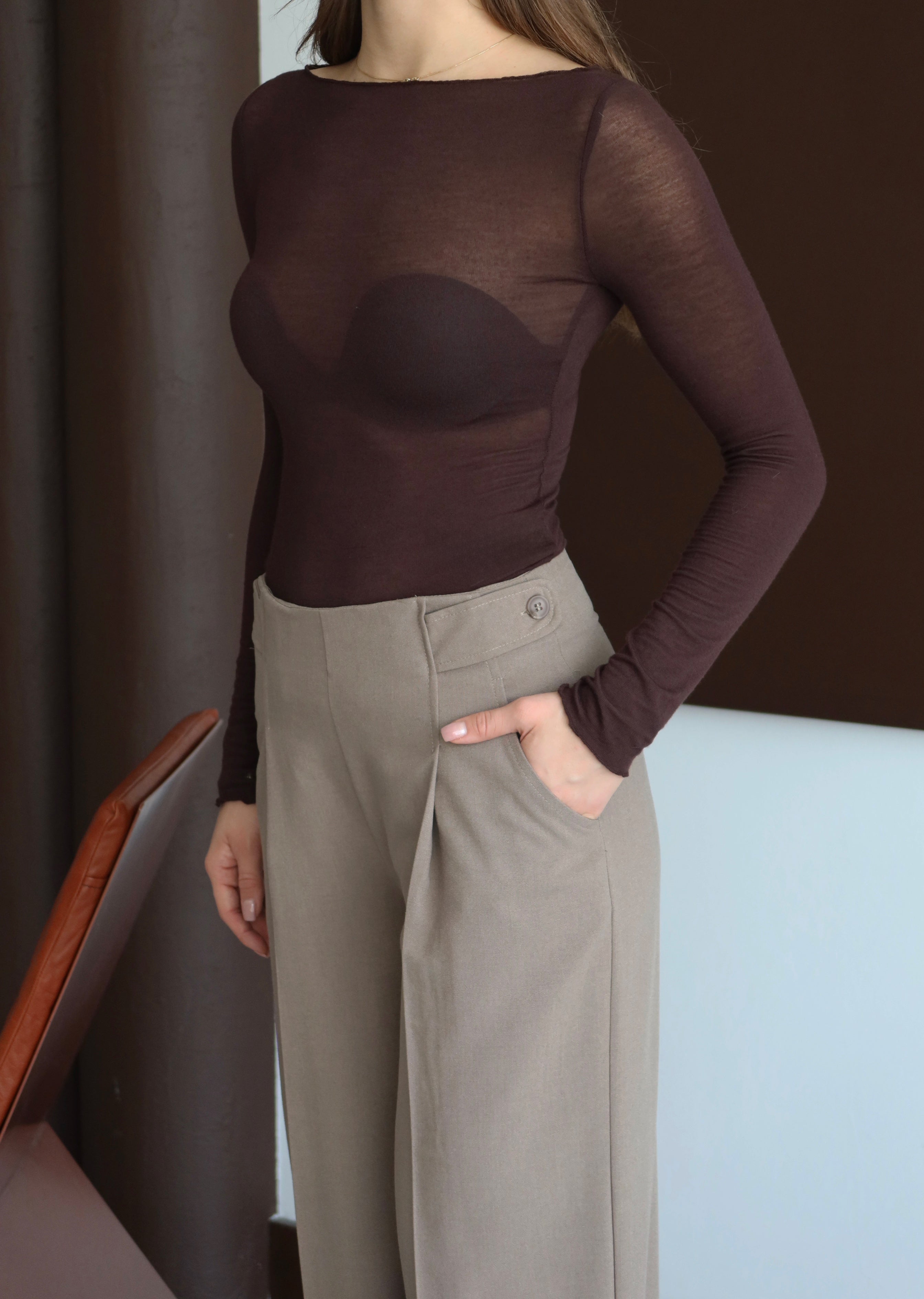 Latte Premium Kumaş Düğme Detaylı Yüksek Bel Palazzo Pantolon