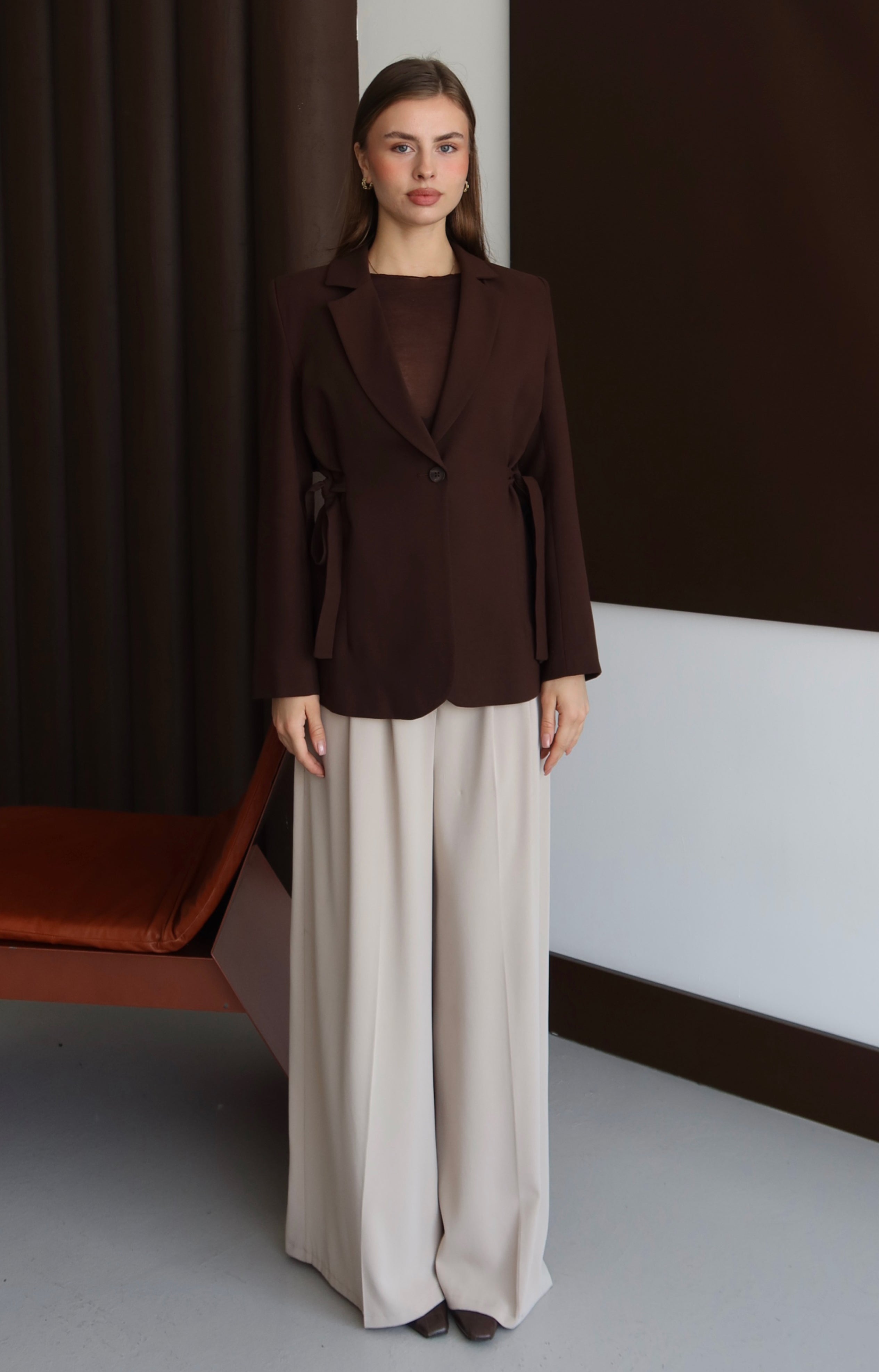 Kahve Kurdele Detaylı Premium Kumaş Blazer Ceket