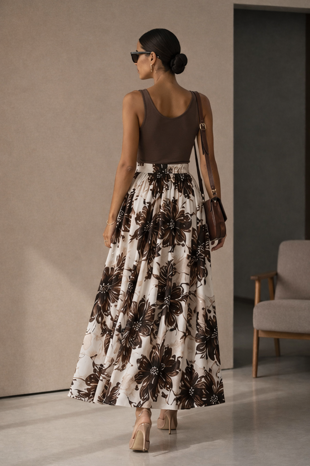 Kahve Desenli Premium Astarlı %100 Pamuk Vual Etek