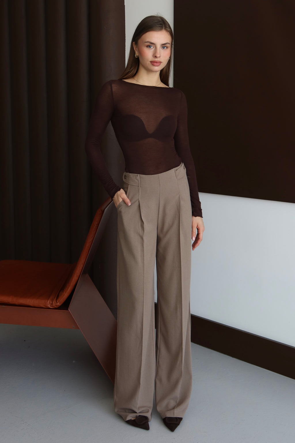 Latte Premium Kumaş Düğme Detaylı Yüksek Bel Palazzo Pantolon