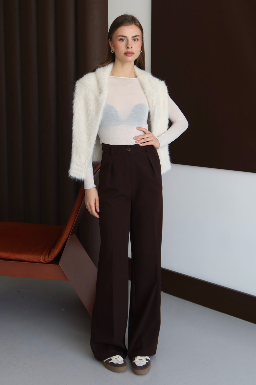 Kahve Yüksek Bel Bol Kesim Premium Palazzo Pantolon