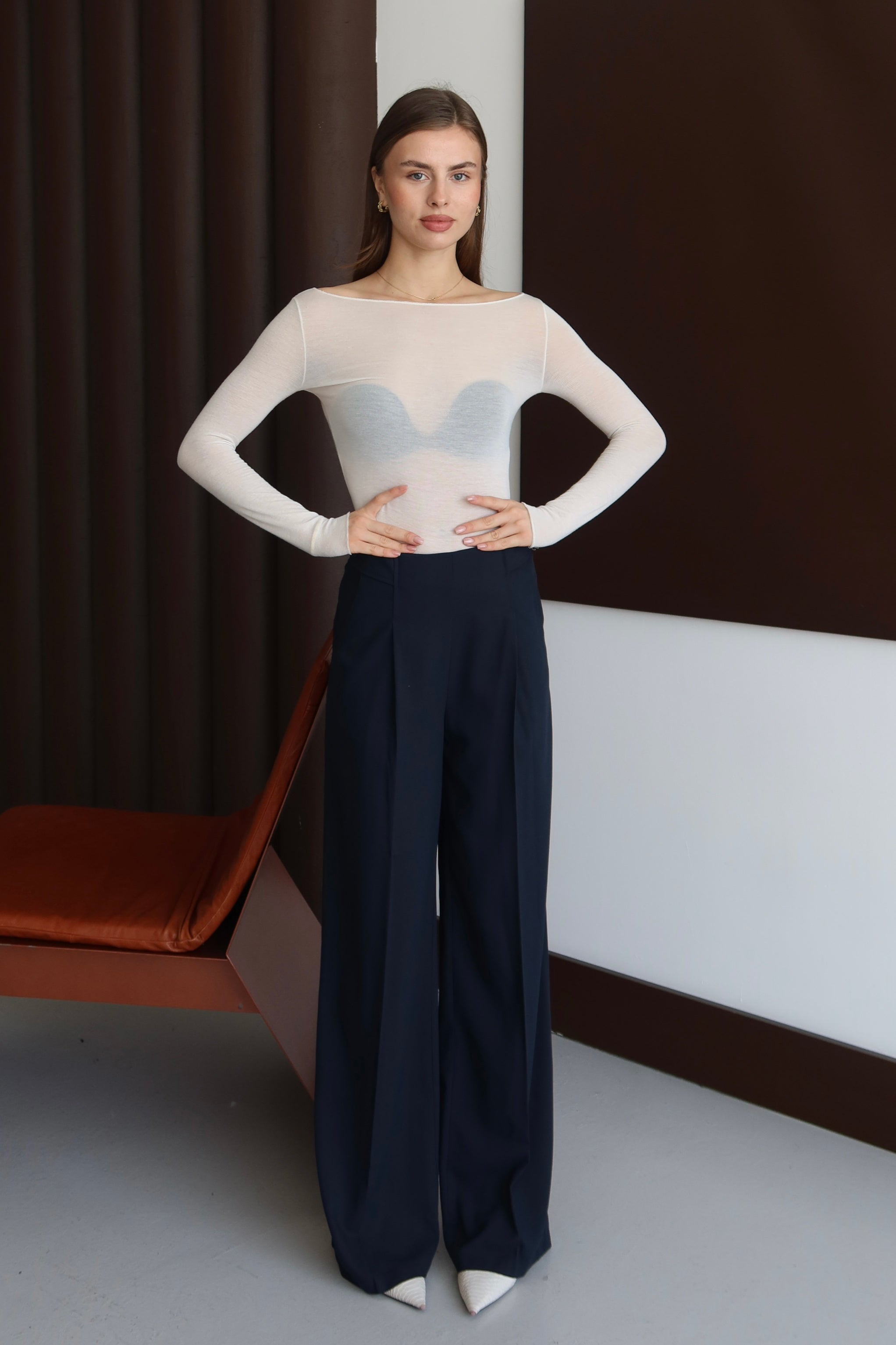 Lacivert Premium Kumaş Düğme Detaylı Yüksek Bel Palazzo Pantolon