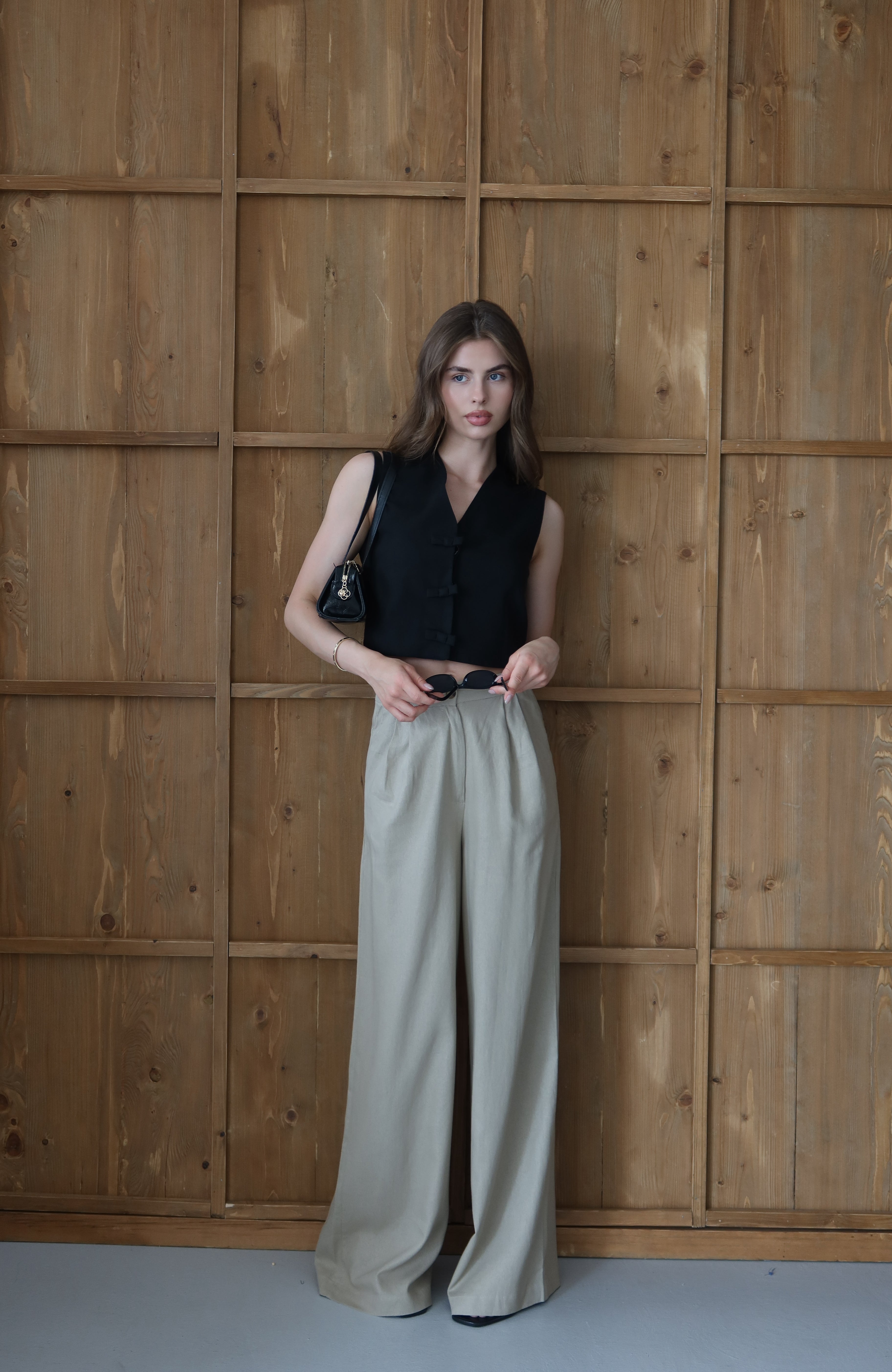 Light Bej %100 Organik Keten Yüksek Bel Pantolon