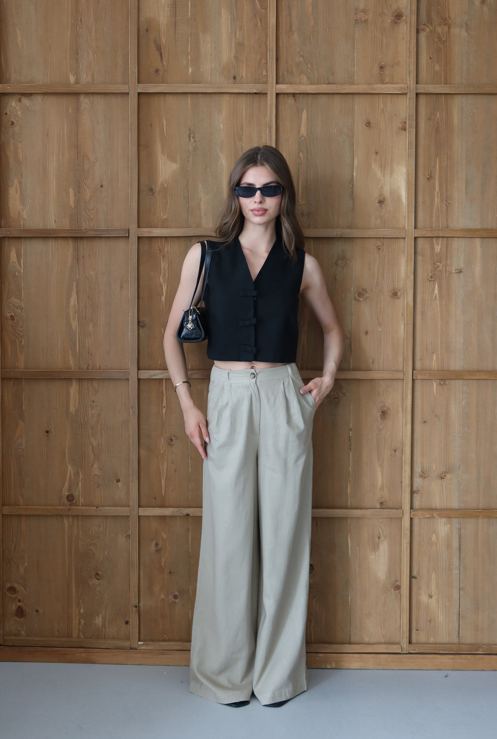 Light Bej %100 Organik Keten Yüksek Bel Pantolon