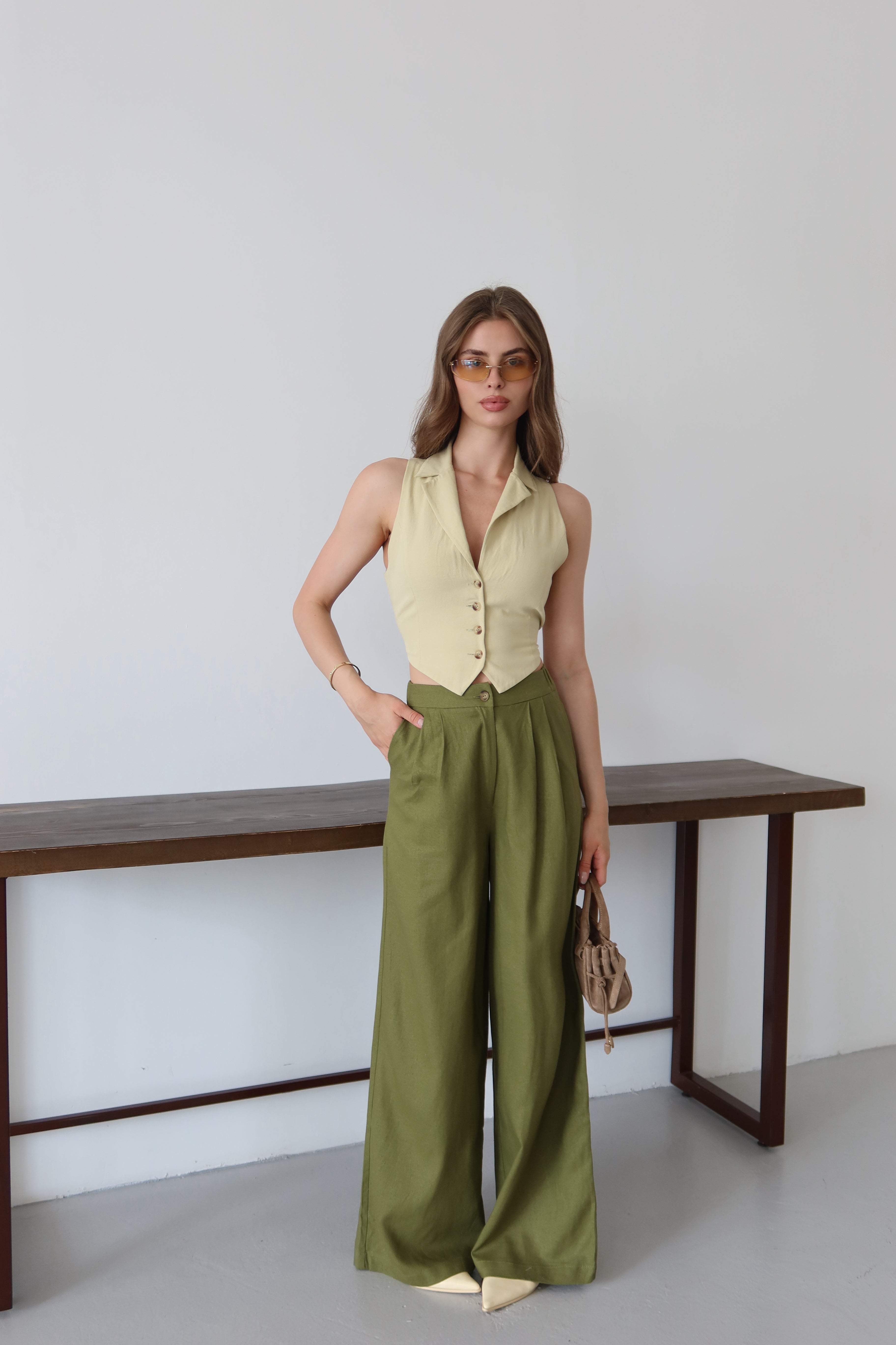 Yaz Yeşili %100 Organik Keten Yüksek Bel Pantolon